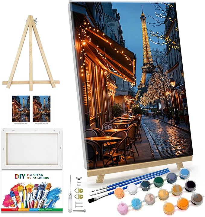 JOOZ Paint by Numbers Kit for Adults with Frame Eiffel Tower Paint by Number with Easel City Street Scene Adult Paint by Number Kits DIY Oil Painting Kits for Gift Home Wall Decor 7.87x11.81 Inch