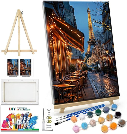 JOOZ Paint by Numbers Kit for Adults with Frame Eiffel Tower Paint by Number with Easel City Street Scene Adult Paint by Number Kits DIY Oil Painting Kits for Gift Home Wall Decor 7.87x11.81 Inch