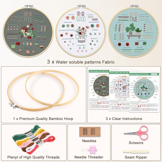 KintKita Embroidery Kit for Adults Beginners, 3 Stages to Learn 31 Basic Embroidery Stitches Practice Cross Stitch Kits for Beginners with Embroidery Patterns, Hoop,Threads,Tools