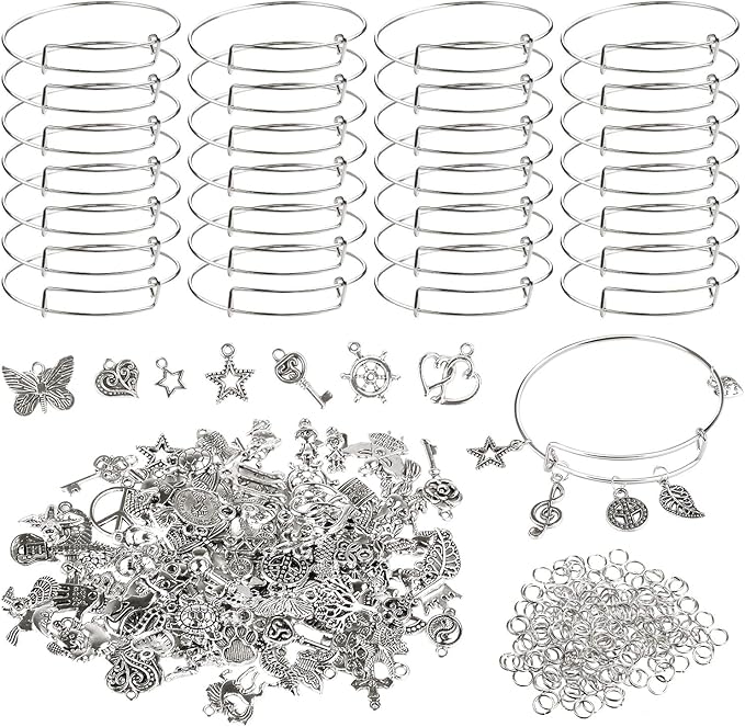 Charm Bracelet Making Kit,UPINS 30Pcs Silver Expandable Blank Bracelets Adjustable Wire Bangles with 100Pcs Tibetan Silver Charms, 200Pcs Open Jump Rings for Jewelry Making