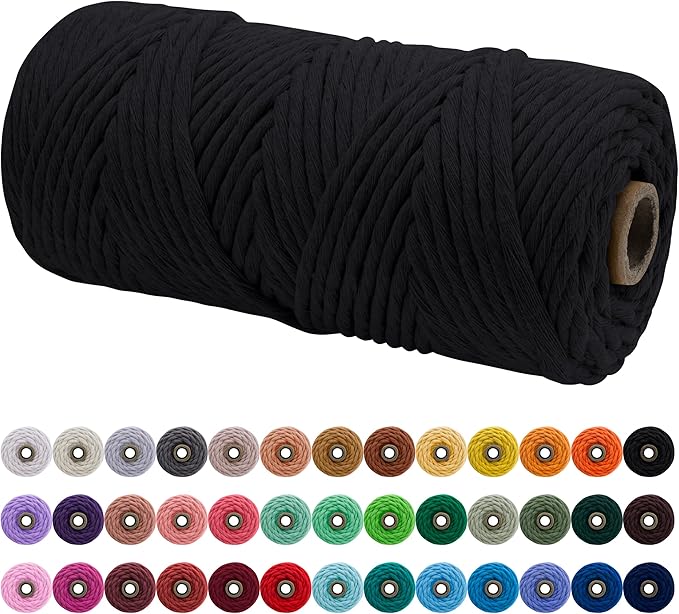 JeogYong Single Strand Macrame Cord 4mm x 109 Yards (328 Feet) Soft Cotton Rope Macrame Yarn 4 mm Macrame Cord, Macrame Supplies for Crafts Wall Hangings Plant Hangers Decorations (Black)