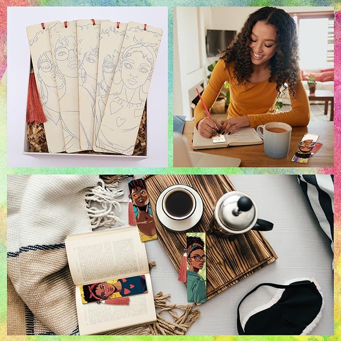 Kosiz 12 Pcs Black Women Theme Paint by Numbers Kit for Adults Wood Bookmark Painting Decor Mini Paint by Numbers Kit Tassels Blank Bookmarks Craft for Small DIY Book Lovers Gift 7x2 ''