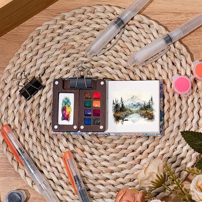 Qilery Mini Portable Watercolor Palette Set Wooden Grid Paint Box Watercolor Paper Sketch Book Brush Pens with Binder Clip for Painters Artist Not Include Paint(Summer Flowers)