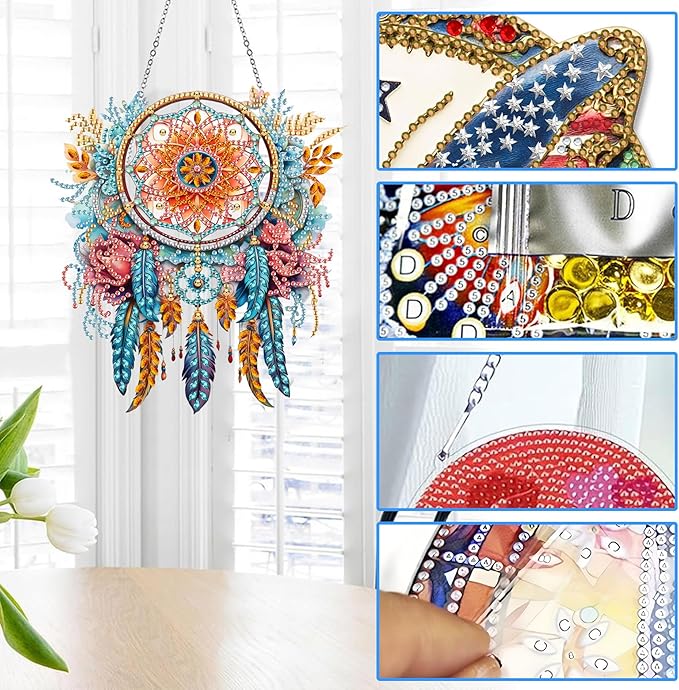 Reofrey Hanging Diamond Art Kits for Adults– 8x8Inch Dreamcatchers Hanging Ornament Acrylic Board Double Sided Pattern Crystal Diamond Art Suncatcher Pendant, for Home Window Decoration Handmade Gift