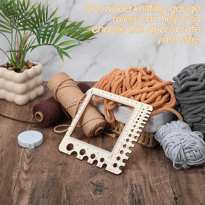 XLIUAX Wooden Rulers, Crochet Stitch Counter Spinner Yarn Measure Needle Gauge Swatch Ruler for Knitting Crochet Gauge Measuring Tool Poplar Square Measuring Tool Multi-Size Holes for Needles(A)