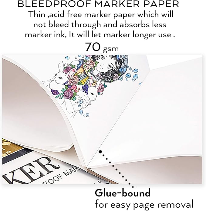 bianyo bleedproof marker paper pad, a4(8.27"x11.69"), 50 sheets, 18 lb / 70 gsm, glue-bound, 100% cotton, white, ideal for use with markers and ink mediums
