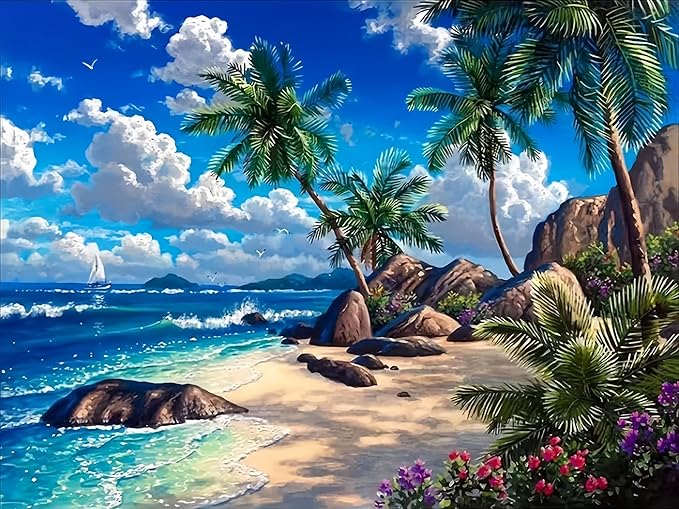 Diamond Art Kits for Adults Beach, DIY 5D Diamond Painting Kit for Beginners, Seaside Full Round Drill Gem Art Dots for Adults, Diamond Dots Paintings Crafts Home Wall Decor 12X16 Inch