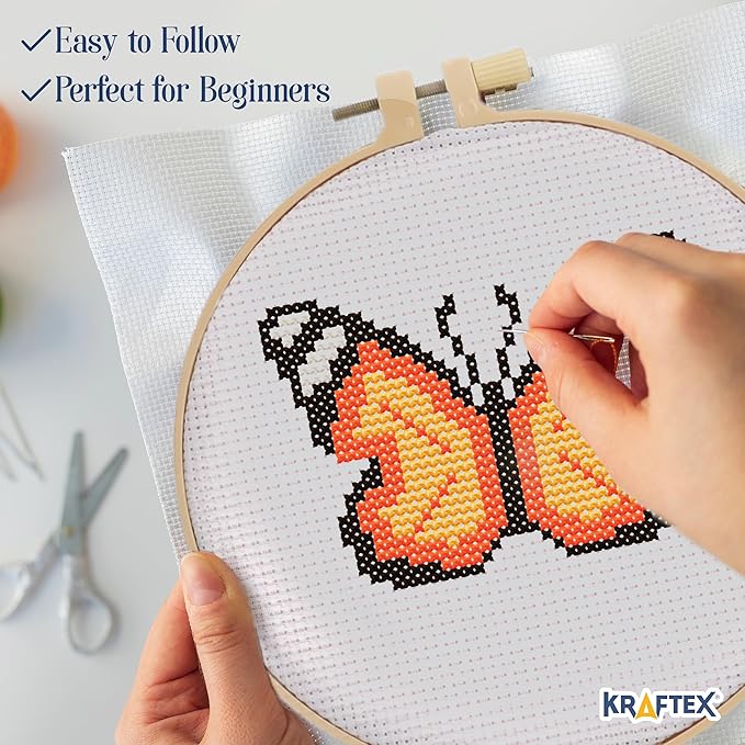 kraftex floral stamped cross stitch kits for beginners - 3 pack. diy embroidery needlepoint patterns for adults. easy cross stitch kits for beginners (garden creatures)