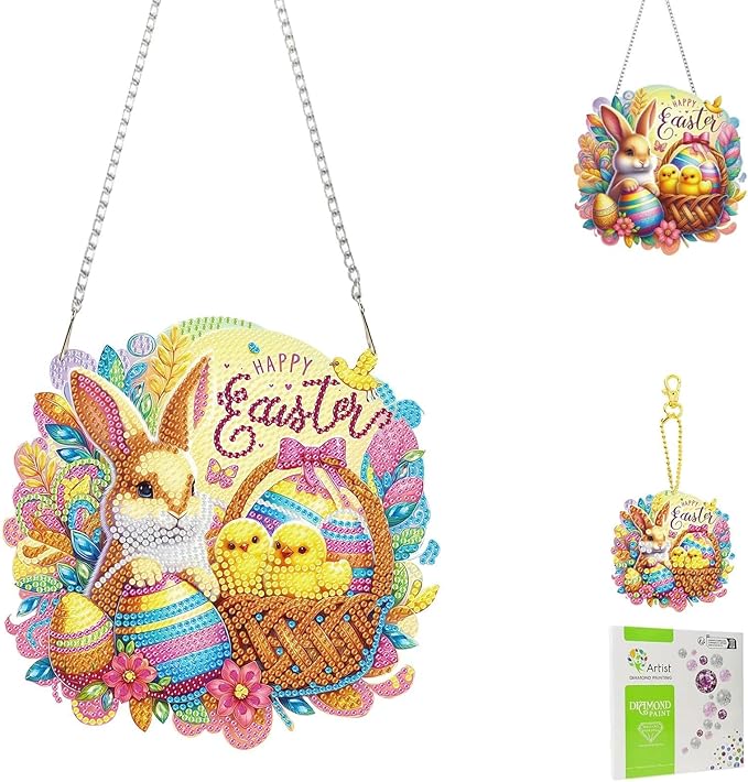 Masendp Easter Bunny Diamond Painting Double-Sided Hanging Ornament Set, DIY Irregular Shaped Rhinestone Window Decoration Set, Suitable for Home and Garden Wall Decoration Gifts