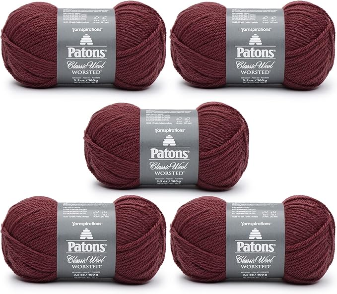 Patons Classic Wool Claret Yarn - 5 Pack of 3.5oz/100g - Wool - 4 Medium - 210 Yards - Knitting/Crochet