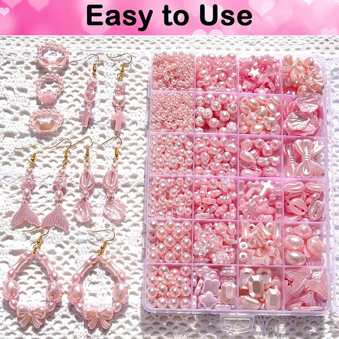 1170 Pcs ABS Imitation Pearl Beads for Jewelry Making, Assorted Heart Star Bowknot Circle Flower Aesthetic Cute Bead for Bracelet Necklaces Earrings Key Chains DIY Phone Charm Crafts (Pink)