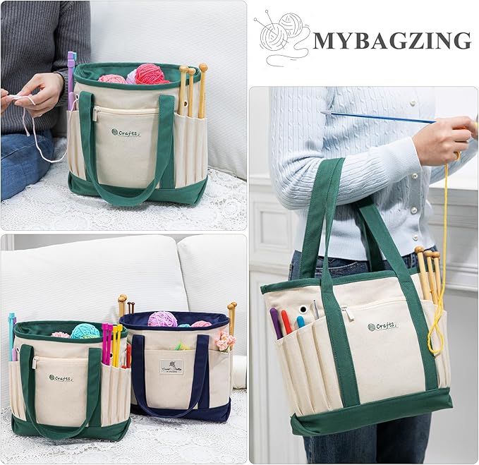 Canvas Yarn Storage Organizer Bag Washable Crochet Bag with Pockets for Yarn, Hooks, Needles – Travel Knitting Tote for Crafters – Gift for Crocheters & Knitters (Medium/Large)