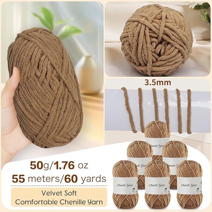 SIMEIQI 6 Pack of 1.76oz Chenille Yarn for Crocheting,60yards Soft Fluffy Velvet Yarn, Ideal Crochet for DIY Baby Blankets Toys Scarves Throw Pillows Hats Cushions(Brown)
