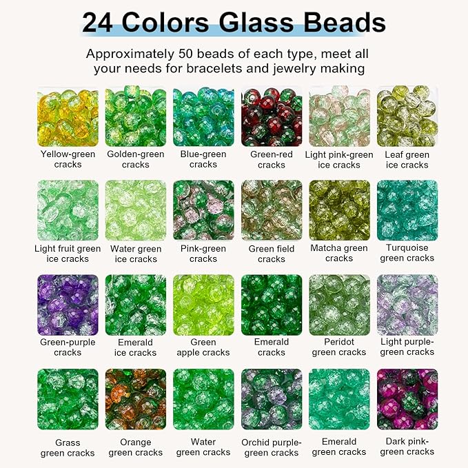 XSEINO About 1200pcs 6mm Crack Glass Beads Bracelet Making Kit,24 Style Crack Mystic Green Series Colorful Crystal Beads for Jewelry Bracelet Making,DIY Crafts,Friendship Bracelets