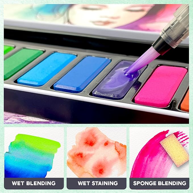 ArtSkills Travel Watercolor Kit, Watercolor Paint Set for Kids & Adults, Travel Palette with Water Brush