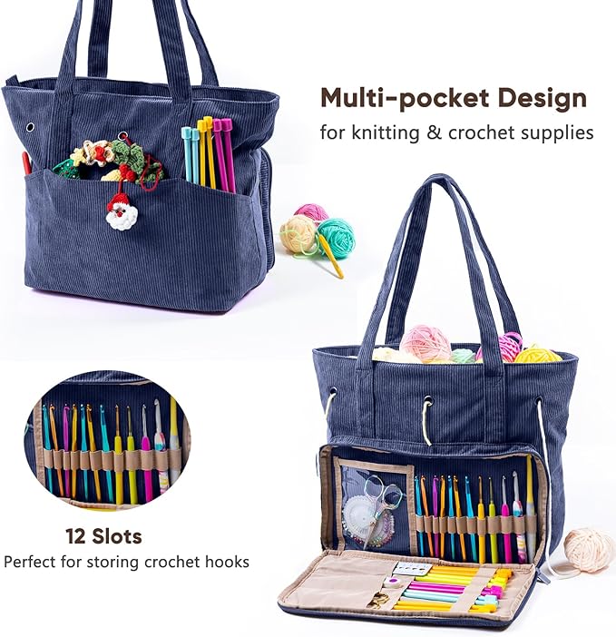 Large Yarn Tote Organizer – Corduroy Knitting Storage Holder for Yarn, Hooks & Accessories, Portable Craft Carryall for Crocheting Lovers, Mother’s Day Gift