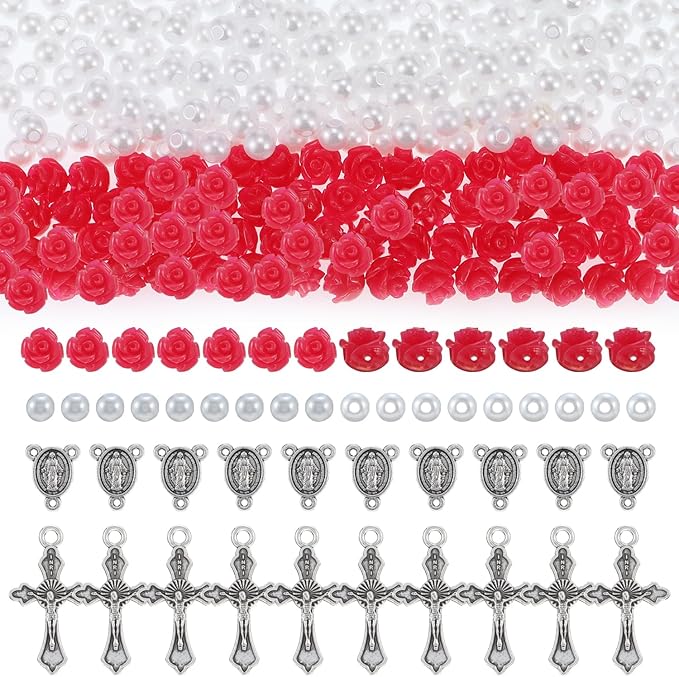 610Pcs Rosary Jewelry Making Kit, Rosary Pearl Beads Carved Rose Beads Rosary Cross Centerpiece Crucifix Medal, Rosary Prayer Making Supplies First Communion Necklace Bracelet Jewelry Making