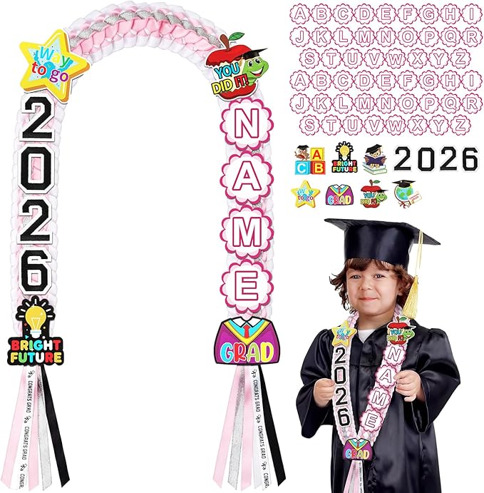 Juexica Kindergarten Graduation Ribbon Leis Class of 2026 Braided Necklace Making Kit with Alphabetic Decorative Cards Preschool Kids Grad Graduation Party Gifts(Pink, White)