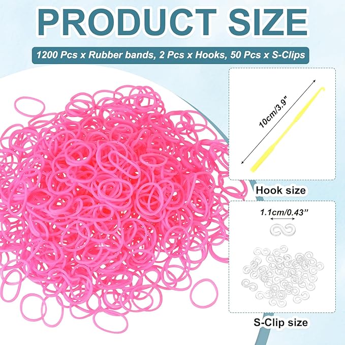 MECCANIXITY 1200 Pcs Loom Rubber Bands Kit with 50 Pcs S-Clips 2-Hooks Rubber Bands Refill Bracelet Making Kits for Weaving DIY Handcrafts Gift, Pink Red