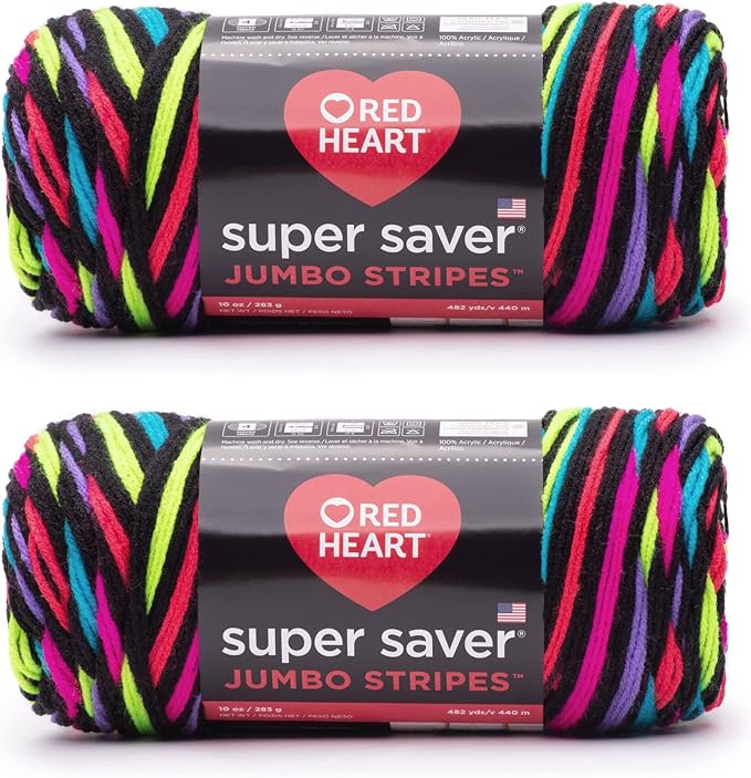 Red Heart Super Saver Jumbo Neon Stripe Yarn - 2 Pack of 283g/14oz - Acrylic - 4 Medium (Worsted) - 482 Yards - Knitting/Crochet
