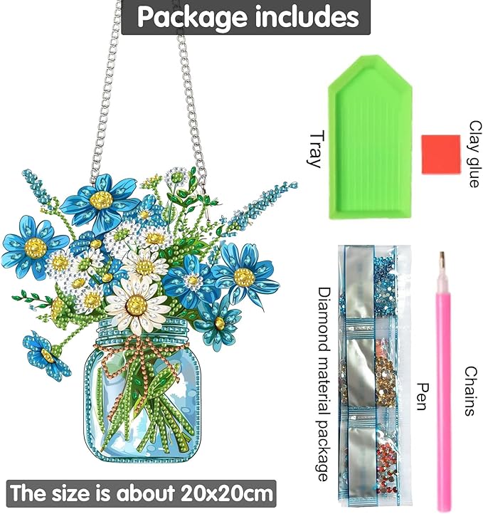 Yomiie Bouquet Vase Sun Catcher Window Hanging - DIY Double Sided Flowers Diamond Painting Pendant Kit, Acrylic Diamonds Art Ornament for Front Door Sign & Indoor/Outdoor Garden Decor(8x8 inch)