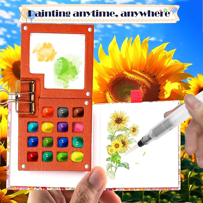 Pocket Wooden Paint Palette with Metal Clip, Water Colour Paints Sets with Sketchbook & Water Pen for Painters,Artists,Beginner (Blue-24 Colors, L-15 Grids)