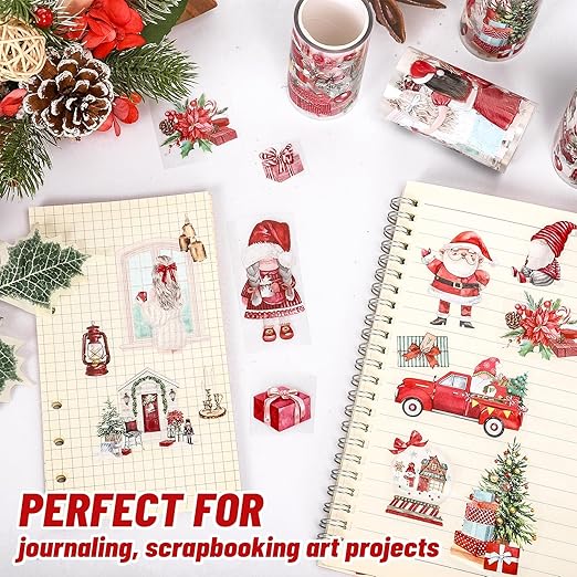 JarThenaAMCS 4 Rolls Christmas PET Washi Tape Xmas Red Transparent Adhesive Masking Tape for Cut & Use as Winter Stickers Scrapbook Journal DIY Craft Gift Wrapping