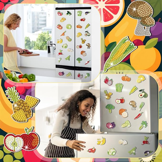 30 Pcs Diamond Art Painting Magnets Kits Vegetables Magnetic Fridge Diamond Art Painting Kits Cute Small Fridge Magnet 5d Round Full Drill Gem DIY Craft Paint by Dots for Adult Beginner Gifts Home