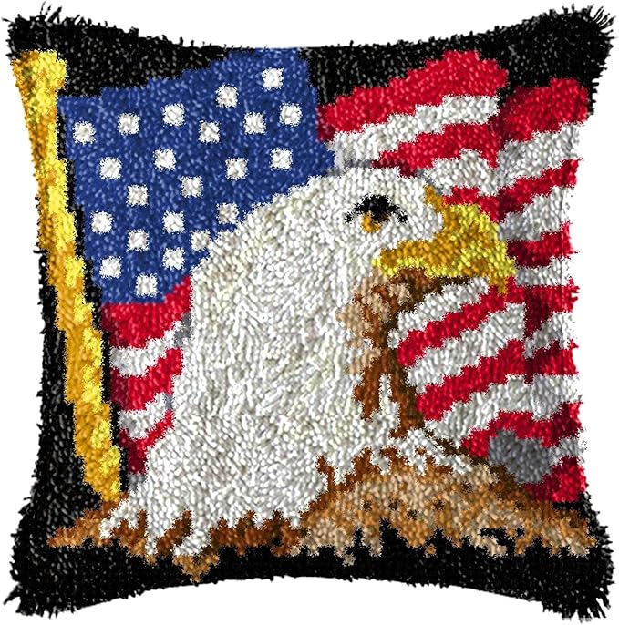 LAPATAIN Latch Hook Kits for DIY Throw Pillow Cover,American Flag Eagle Pattern Needlework Cushion Cover Hand Craft Crochet for Great Family 17X17inch