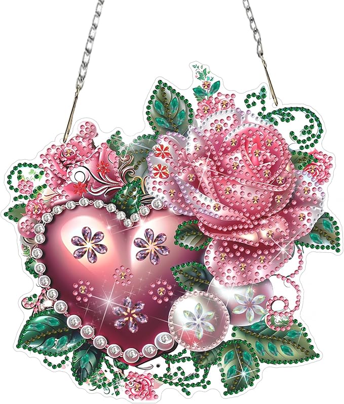 DOMROM Heart Diamond Art Hanging Kits for Adults Beginner, Special Shaped Crystal Diamond Painting Heart Pendant, DIY Diamond Art Suncatchers Valentine's Day for Home Garden Wall Decor Gift