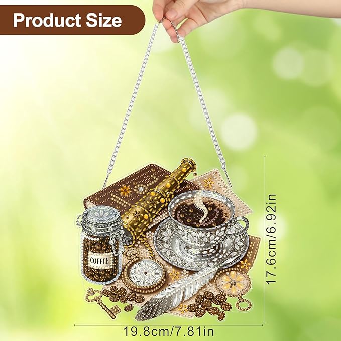 CEOVR Coffee Hanging Diamond Art for Adults, Coffee Diamond Painting Pendant DIY Gem Art Wall Hanging Ornament, Acrylic Home Garden Decor with Chain, Box Kit 7.81×6.92inch