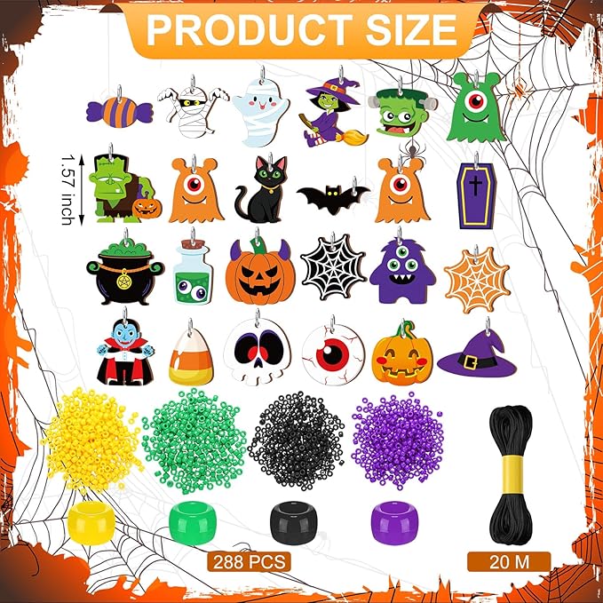 Ferreve 48 Sets Halloween Beads Necklace Crafts Kit Halloween Bracelet Making Kit Ghost Witches Pumpkins Tombstones Pots Black Cats Bats Monsters Beads Craft Gifts for Party Favor