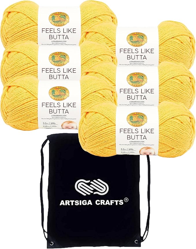 Lion Brand Feels Like Butta Yellow 215-157 (6-Skeins - Same Dye Lot) Worsted Medium #4 Polyester Yarn for Crocheting and Knitting with Project Bag