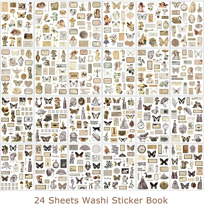 Vintage Ephemera Washi Scrapbook Sticker Book for Scrapbooking, 550+ Journaling Stickers for Junk Journals, Butterfly Mushroom Flower Aesthetic Stickers for Adults DIY Arts Frame Album