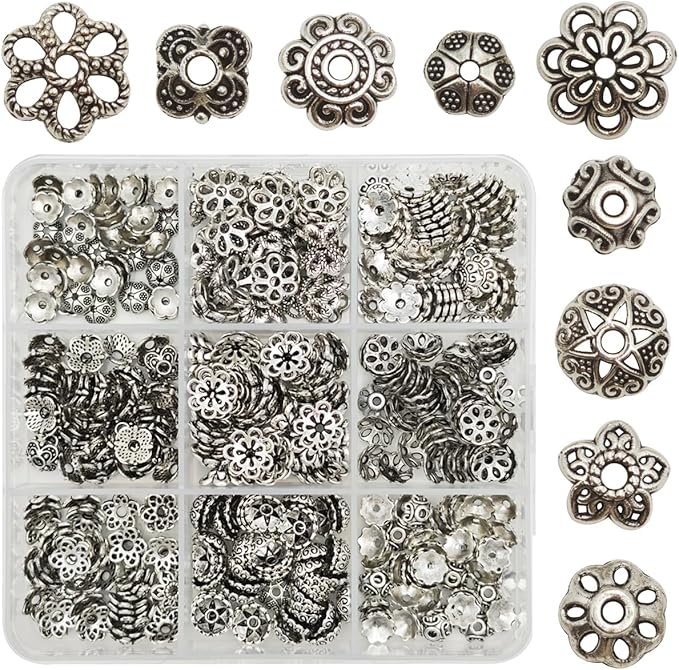 INSPIRELLE 450 Pieces Antique Silver Bead Caps Metal Alloy Filigree Flower Cup Shape Bead for Bracelet Necklace Earring Jewelry Making