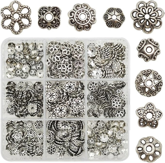INSPIRELLE 450 Pieces Antique Silver Bead Caps Metal Alloy Filigree Flower Cup Shape Bead for Bracelet Necklace Earring Jewelry Making