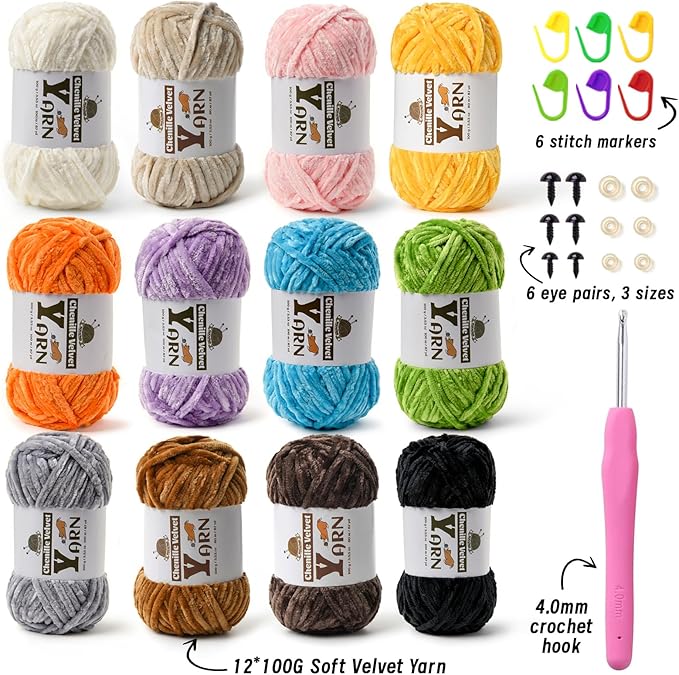 12 Pack Multicolor Crochet Yarn, Fluffy Chunky Chenille Yarn for Crocheting, Fuzzy Velvet Yarn for Crochet Kit, Baby Yarns for Crocheting Soft Amigurumi Yarns Set D (100g/87yds Each)