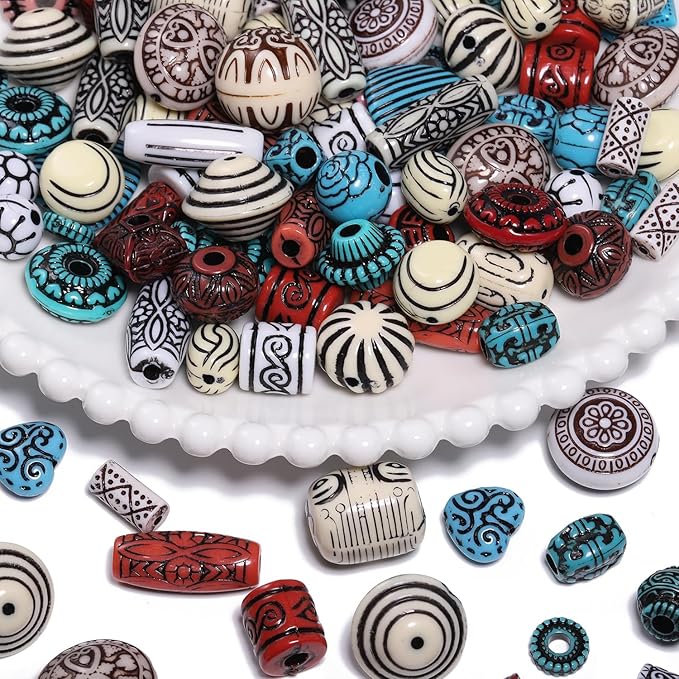 7.5 OZ Assorted Vintage Acrylic Beads for Jewelry Making, Song Xi Unique Flower Rose Czech Beads for Bracelet Earrings, Bohemia Style, Bulk, DIY Holiday Gift (240-260 PCS, Dzi Color)