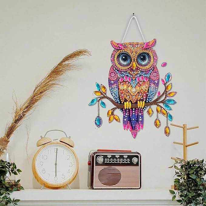 SKRYUIE Owl Hanging Diamond Art Kits for Adults Pendant Suncatcher, Special Shaped Crystal DIY Pearl Diamond Painting Kit, Gift for Mother Spring Summer Window Wreath Decor 7.49 x 6.7 Inch A30