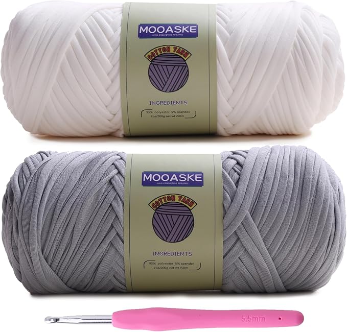 2 Pack T-Shirt Crochet Yarn for DIY Knitting Crochet Cloth Blanket Bag Dolls - 400g Chunky Thick Yarn for Crocheting with Polyester-Spandex Blend Elastic Fabric (White+Gray)