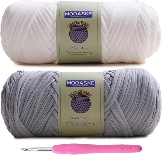 2 Pack T-Shirt Crochet Yarn for DIY Knitting Crochet Cloth Blanket Bag Dolls - 400g Chunky Thick Yarn for Crocheting with Polyester-Spandex Blend Elastic Fabric (White+Gray)