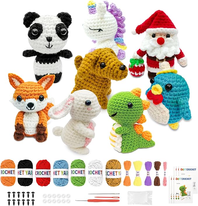 huashiluo 8pcs crochet kit for beginners, 2026 diy craft for adults and kids, great gift for crochet lovers, crocheting animal kits with step by step videos,yarn,crochet hook
