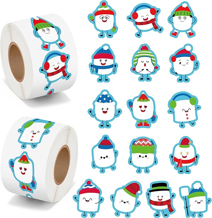 beyumi winter cute marshmallow sticker - 1000pcs winter marshmallow stickers in 2 rolls winter christmas adhesive kawaii marshmallow decal holiday party favor classroom office bottle decor