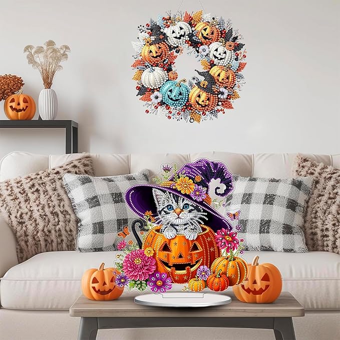 Diamond Art Hanging Kits for Adult, Diamond Art Halloween Crafts Decor, 5D DIY Acrylic Diamond Art Painting Ornaments, Window Pendants Wall Hanging Kits for Home Garden (Cat)