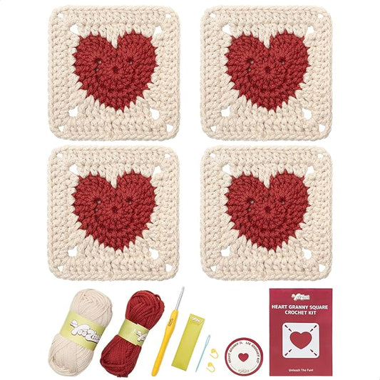 Yeezhee Crochet Kit for Beginners, Granny Square Starter Kit with Step-by-Step Video Tutorials, Knitting Kit for Adults & Teens Including Yarn, Crochet Hook, Heart