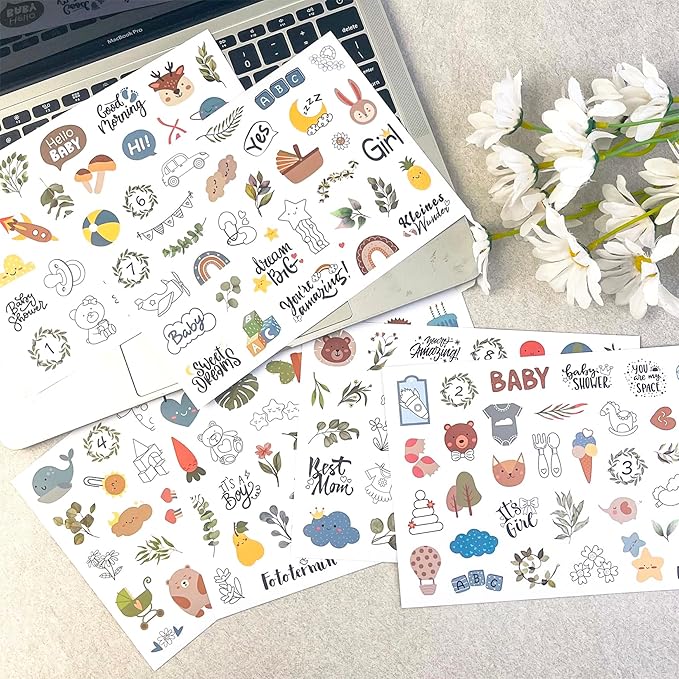 German Baby Milestone Stickers, 6 Sheets 190pcs Clear Matte Waterproof PET Stickers for Baby Memory Book, Baby Album, Scrapbooking, Newborn & First Birthday Decoration