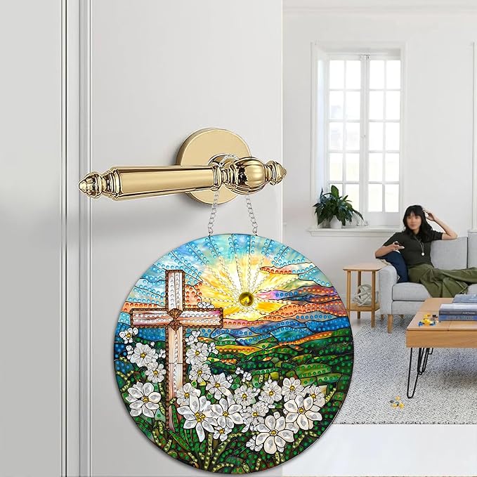 Zariocy Hanging Diamond Art Ornament View of The Cross Kits for Adults – Special Crystal Double Sided Pendant, DIY Diamond Painting Acrylic Board Window Pendants Home Garden Hanging Decor 8x8 inch
