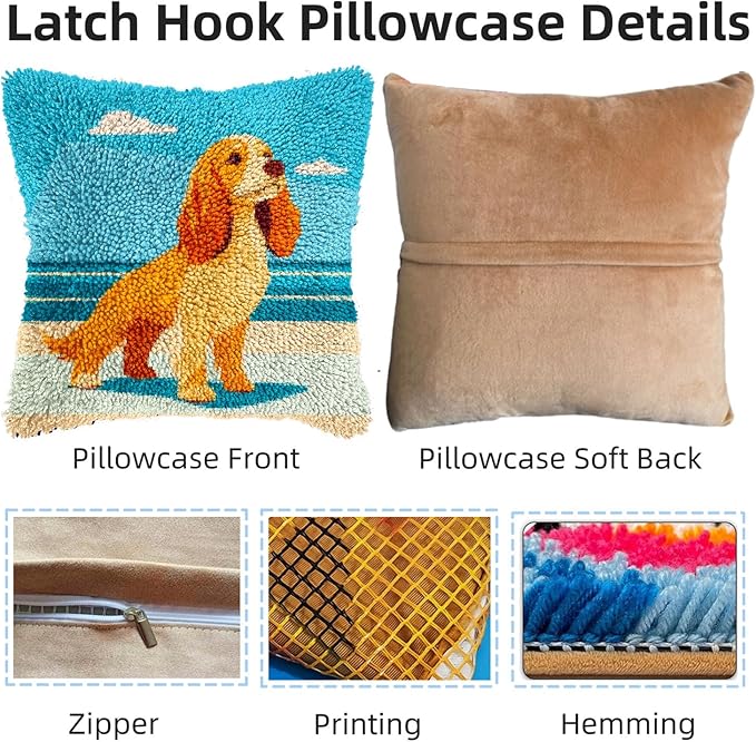DIY Latch Hook Pillow Kits for Adults Cute Cartoon Cocker Spaniel Dog on Beach Printed Pillowcase Crochet Yarns Hooking Handmade Pillow Cover Cushion for Home Sofa Decoration 17x17inch(3)
