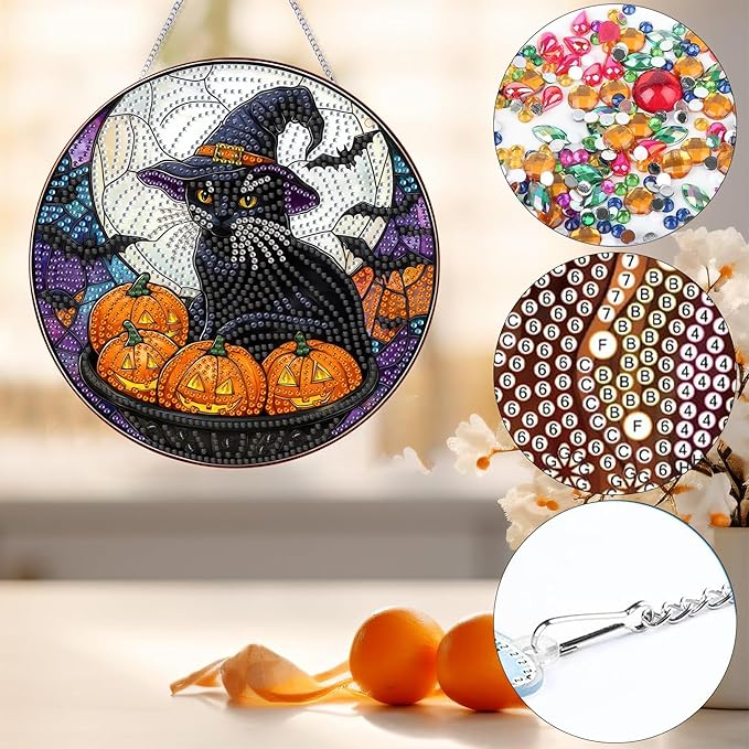 Bimkole Cats Diamond Art Hanging Kit for Adult, DIY 5D Diamond Art Halloween Window Pendant, Acrylic Crystal Art Hanging Ornament Home Wall Garden Front Door Sign Outdoor Decor 7.8x7.8 Inch