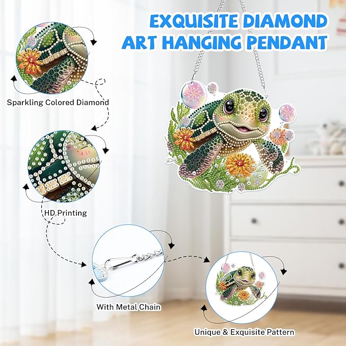 Bowetile Hanging Diamond Art Sea Turtle Kits for Adults, 5D Special Shape Diamond Painting Sea Turtle Kits, Diamond Gem Art Suncatchers Painting Pendant Ornament for Home Garden Wall Decor